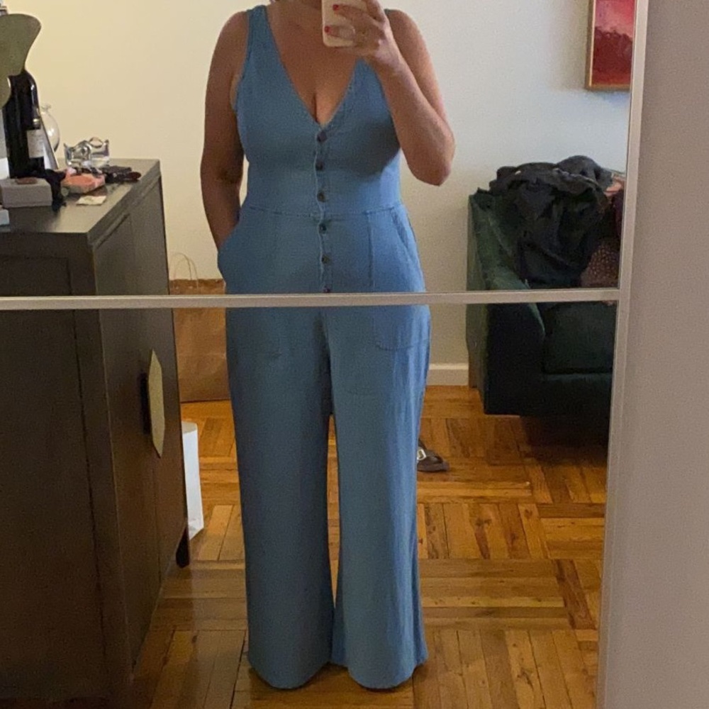 Sleeveless Button-Front Wide-Leg Denim Jumpsuit